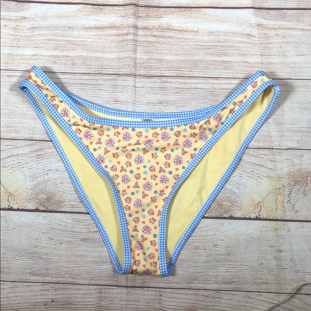 Frankie's Bikinis x PINK Yellow‎ Floral Bikini Bottom with Blue Gingham Trim